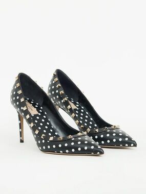Valentino Rockstud Studded Polkadot Pointed Toe Black Leather Pump Heels